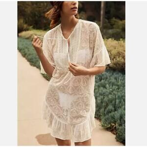 Anthropologie The Deco Tunic Sheer Lace Dress Cover-Up Tie Back Ivory Womens S